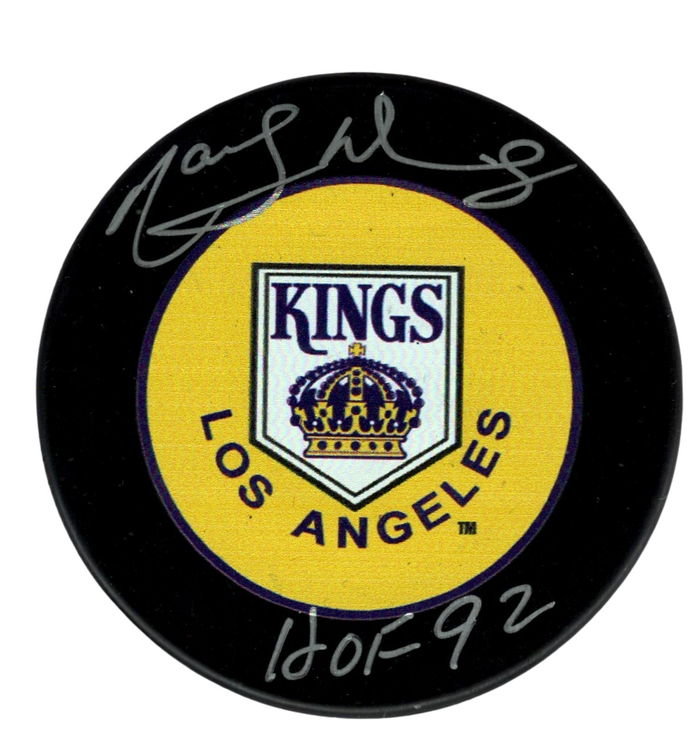 Marcel Dionne Signed Los Angeles Kings Puck w/ HOF 92 Beckett Witness Authenticated-Powers Sports Memorabilia