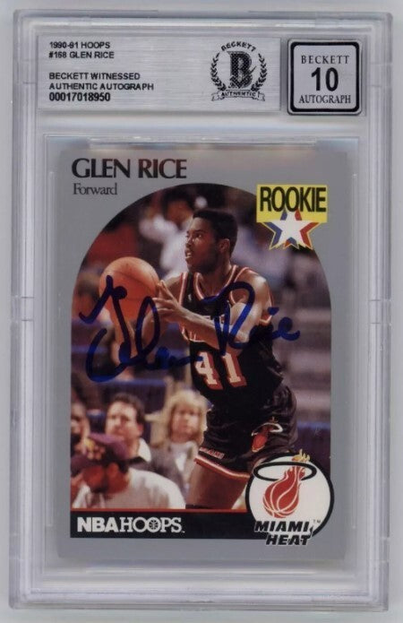 Glen Rice 1990-91 NBA Hoops #168 Rookie RC Signed Beckett Witness BGS 10 Auto-Powers Sports Memorabilia