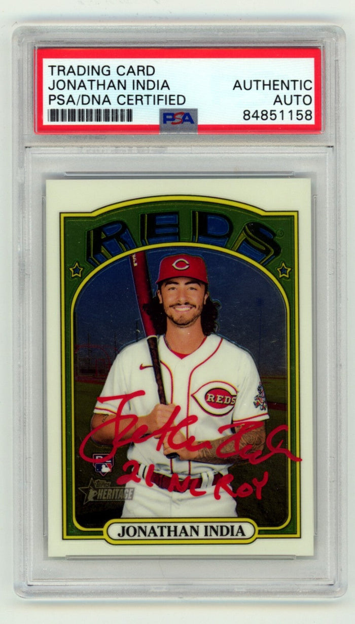 Jonathan India 2021 Topps Heritage Chrome #541 RC Signed w/Ins /999 PSA Auto-Powers Sports Memorabilia