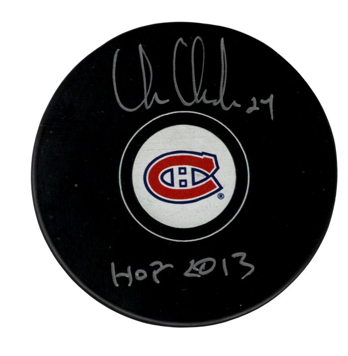 Chris Chelios Signed Auto Montreal Canadiens Puck w HOF 2013 Beckett Witness Authenticated-Powers Sports Memorabilia