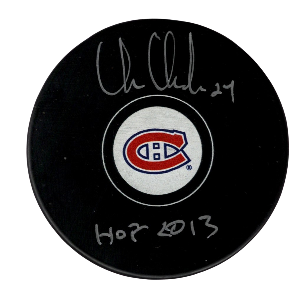 Chris Chelios Signed Auto Montreal Canadiens Puck w HOF 2013 Beckett Witness Authenticated-Powers Sports Memorabilia