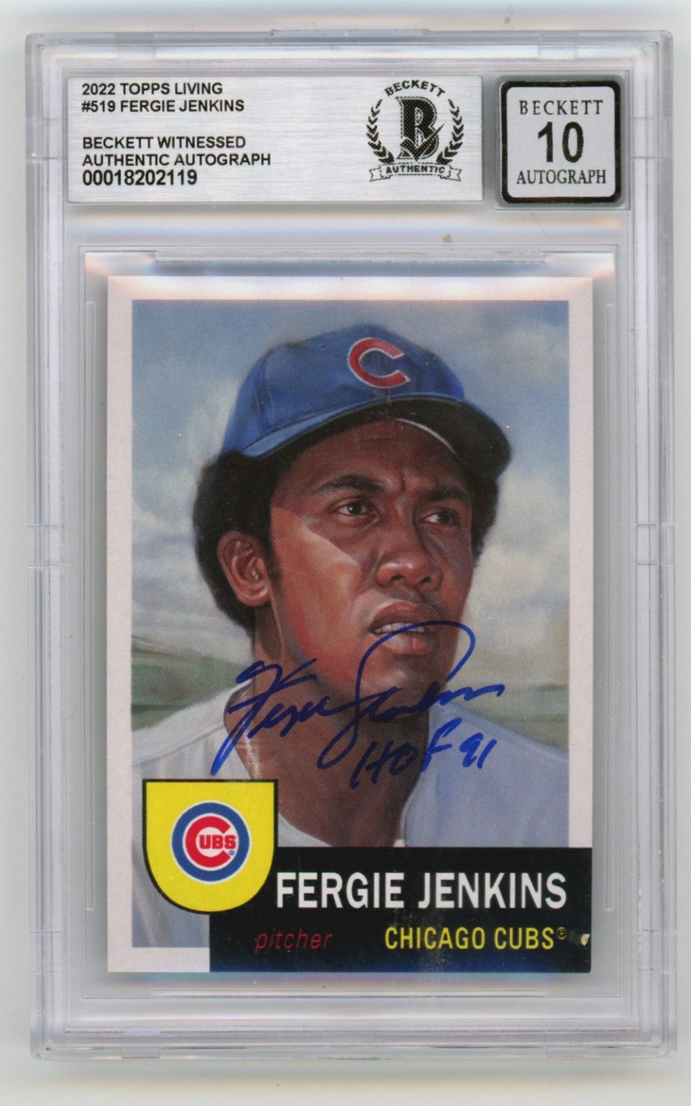 Fergie Jenkins 2022 Topps Living #519 Signed w/ HOF 91 Beckett BGS 10 Auto Cubs-Powers Sports Memorabilia