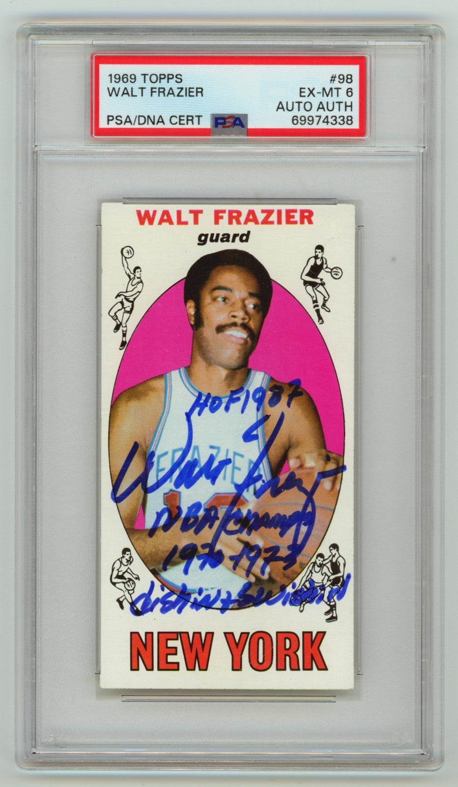 Walt Frazier 1969-70 Topps 98 Tall Boy Rookie RC 3 Insc Signed Auto PSA 6 Knicks-Powers Sports Memorabilia