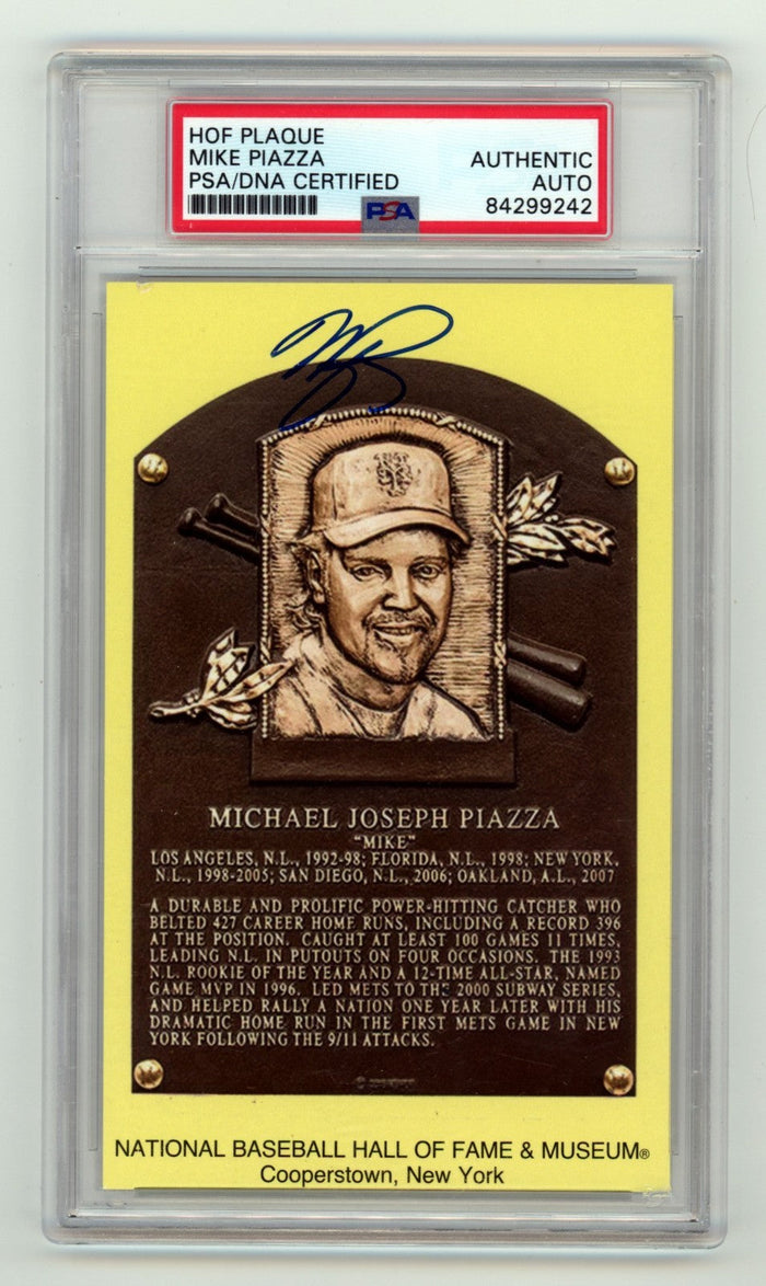 Mike Piazza Signed Yellow HOF Plaque Post Card Fanatics + MLB Authenticated PSA Auto-Powers Sports Memorabilia