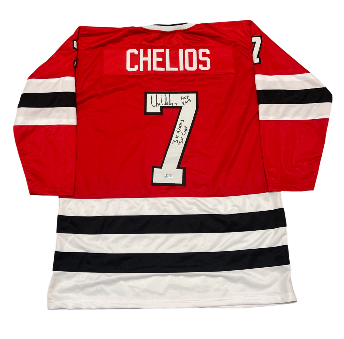 Chris Chelios Signed Blackhawks Custom Jersey w/ 3x Ins Beckett Wit BAS COA-Powers Sports Memorabilia