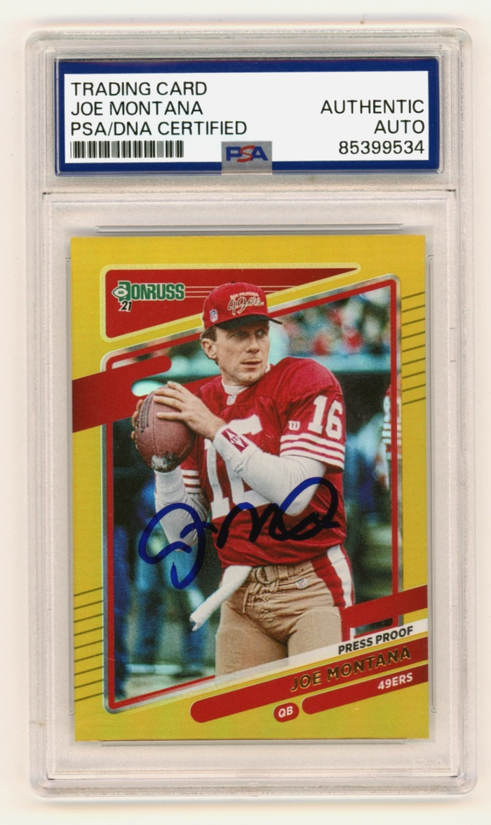 Joe Montana 2021 Donruss Gold Holo Variation Press Proof Auto PSA/DNA Authenticated-Powers Sports Memorabilia