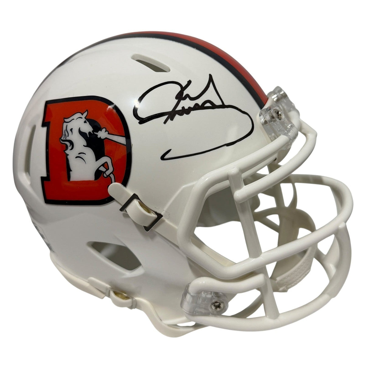 Karl Mecklenburg Signed Denver Broncos ALT TB White Mini Helmet JSA Witness COA-Powers Sports Memorabilia