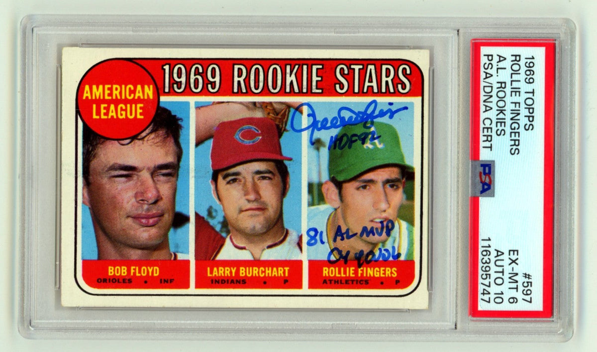 Rollie Fingers 1969 Topps High #597 Rookie RC w/ 3 Insc. Signed PSA 6 Auto 10-Powers Sports Memorabilia