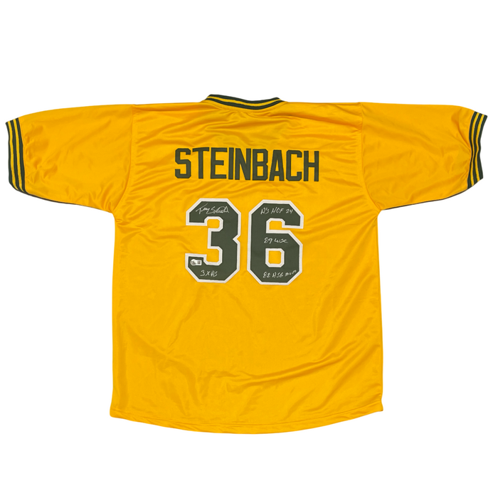 Terry Steinbach Signed Athletics Custom Jersey w/ 4 Ins Beckett Witness BAS COA-Powers Sports Memorabilia