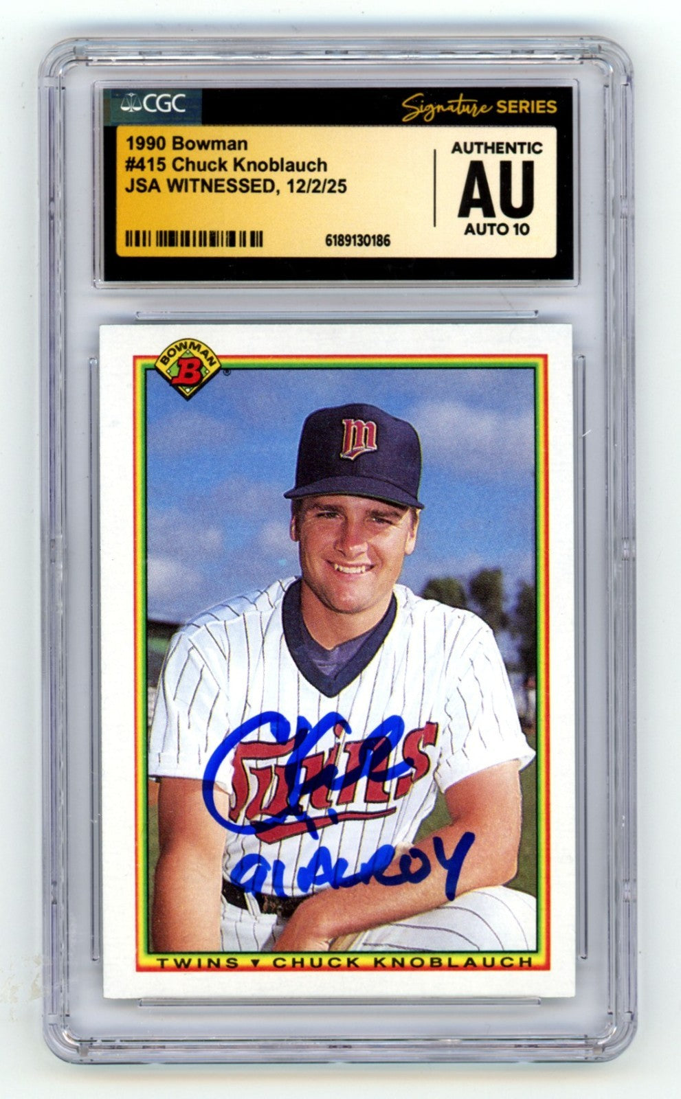 Chuck Knoblauch 1990 Bowman 415 Signed RC w/ 91 AL ROY JSA CGC Authentic 10 Auto-Powers Sports Memorabilia
