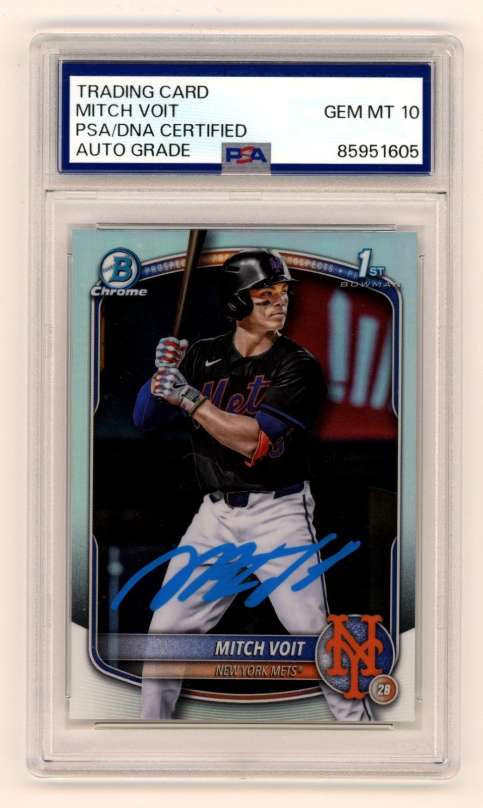 Mitch Voit 2025 Bowman Chrome Signed 1st Refractor Prospect RC PSA 10 Auto Mets-Powers Sports Memorabilia