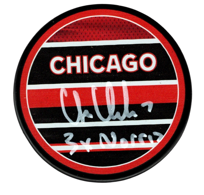 Chris Chelios Signed Blackhawks Reverse Retro Puck w 3x Norris Beckett W Beckett Authenticated-Powers Sports Memorabilia