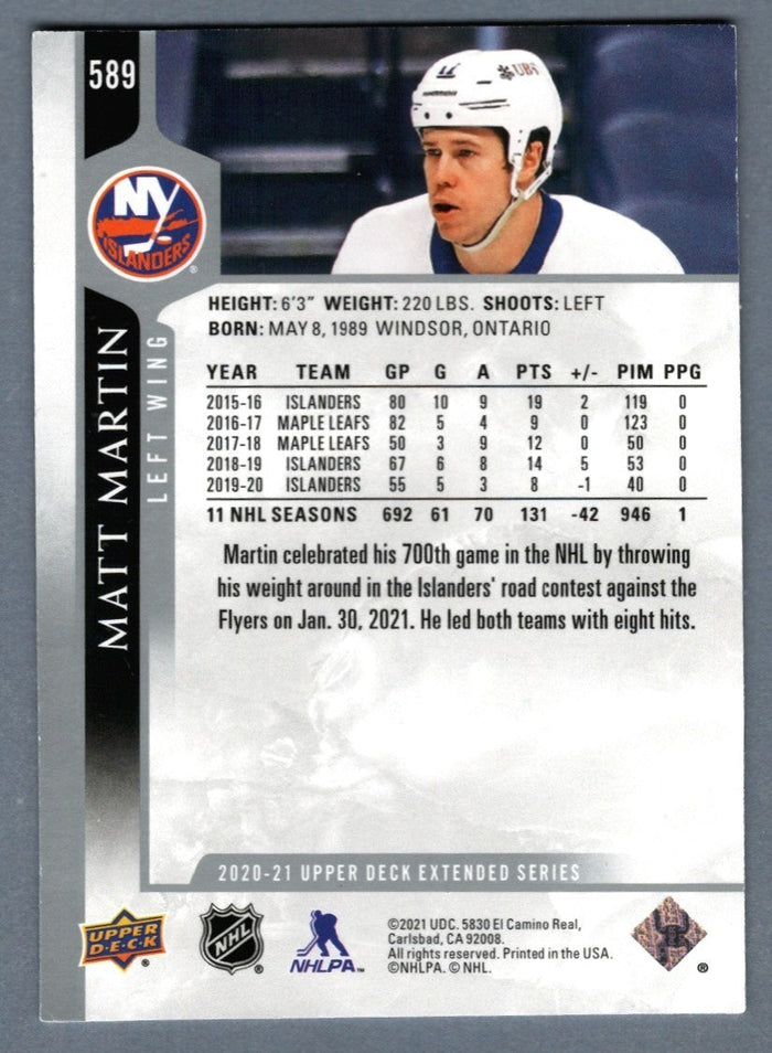 Matt Martin Signed 2020-21 Upper Deck Extended #589 LSCM Authenticated New York Islanders-Powers Sports Memorabilia
