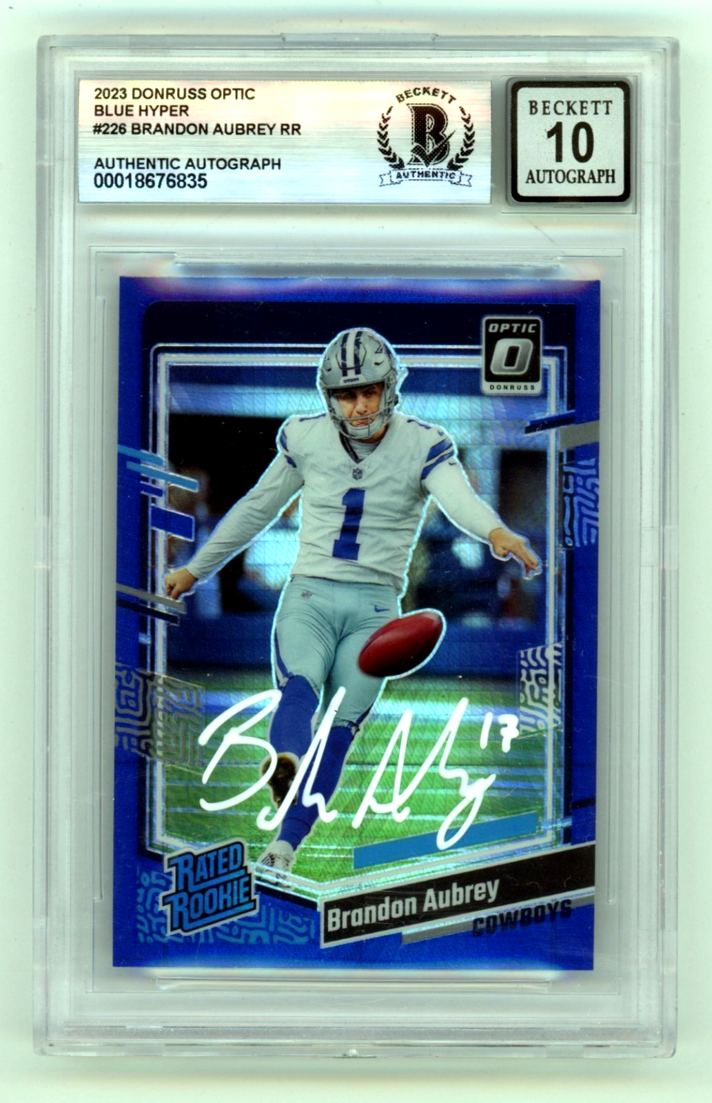 Brandon Aubrey 2023 Donruss Optic Blue Hyper #226 RC Signed Beckett BGS 10 Auto-Powers Sports Memorabilia