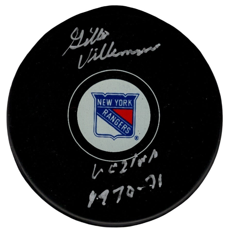 Gilles Villemure Signed New York Rangers Logo Puck w/ 1970-71 Vezina PSA COA-Powers Sports Memorabilia