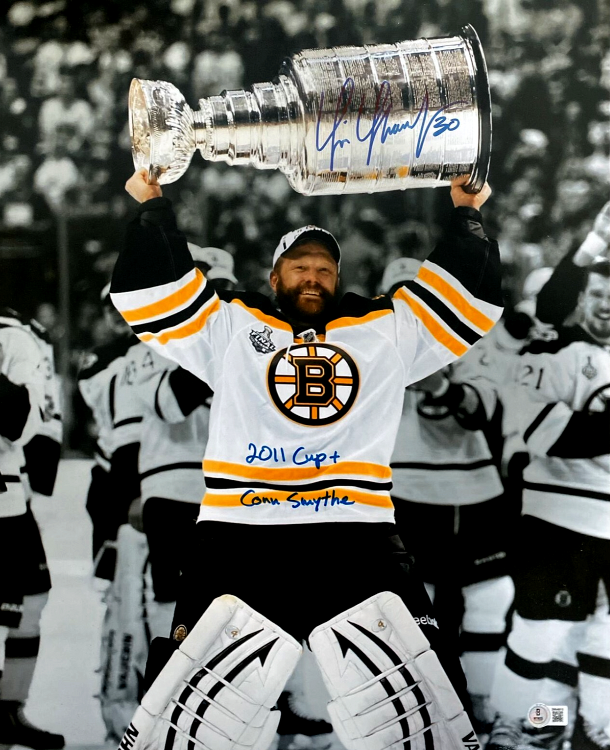 Tim Thomas Signed Bruins 16x20 Photo w/ 2011 Cup + Conn Smythe Beckett W Beckett Authenticated-Powers Sports Memorabilia