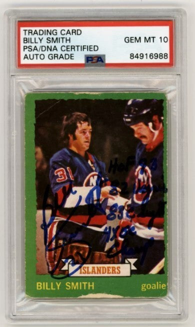 Billy Smith 1973-74 O-Pee-Chee OPC Rookie RC #142 Signed PSA 10 Auto w/ 4 Insc A-Powers Sports Memorabilia