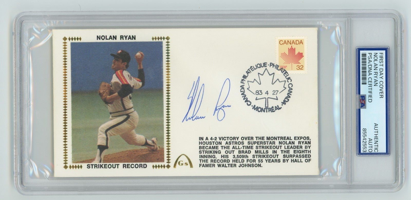 Nolan Ryan Signed First Day Cover Cache Strikeout K Record 4/27/83 PSA Auth Auto-Powers Sports Memorabilia