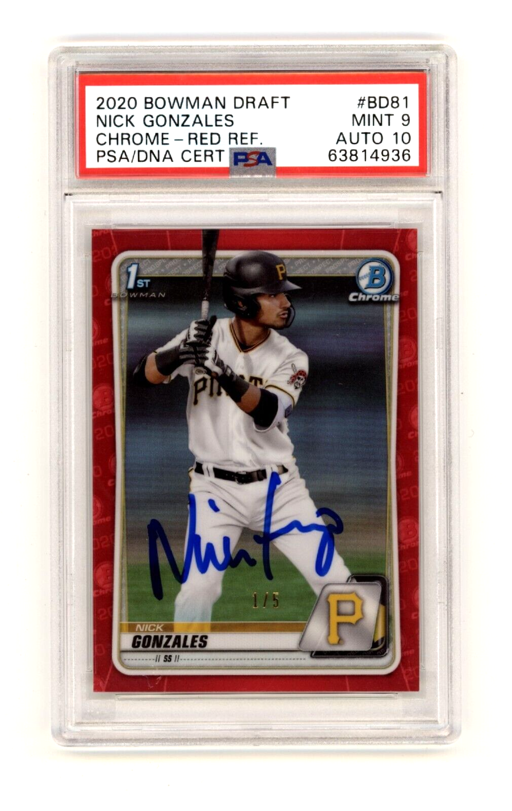 Nick Gonzales 2020 Bowman Chrome Draft Red #1/5 RC Signed PSA 9 10 Auto Pirates-Powers Sports Memorabilia