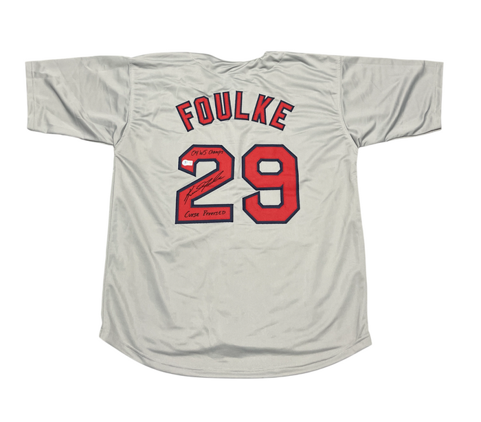 Keith Foulke Signed Red Sox Custom Jersey w/ WS + Curse Beckett Witness BAS COA-Powers Sports Memorabilia