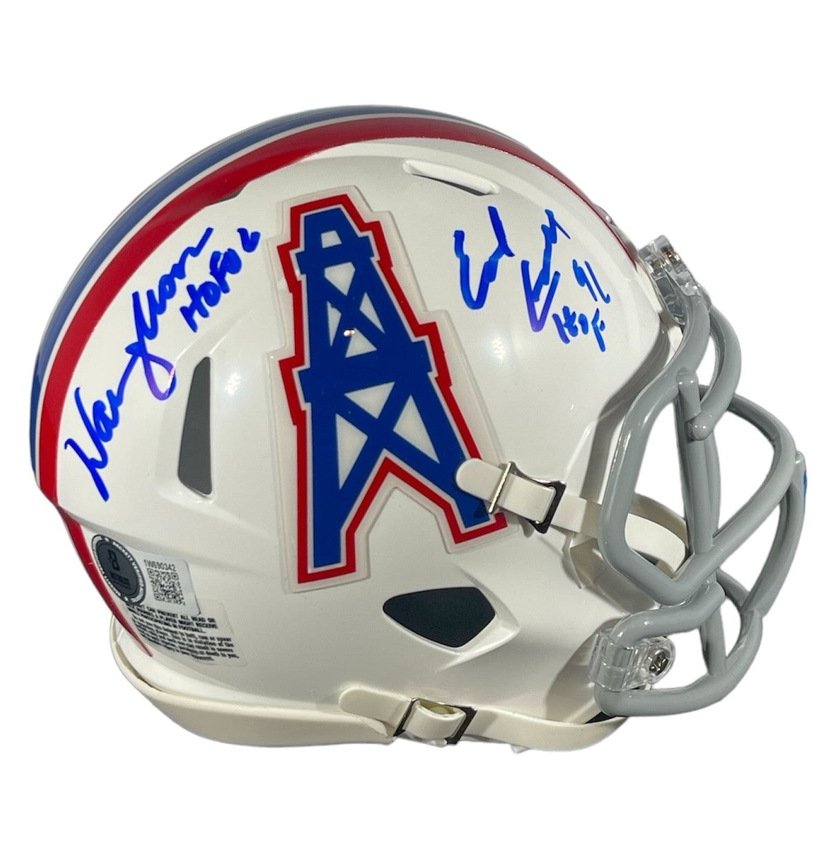 Earl Campbell & Warren Moon Signed Oilers Mini Helmet w HOF Beckett Wit BAS COA-Powers Sports Memorabilia