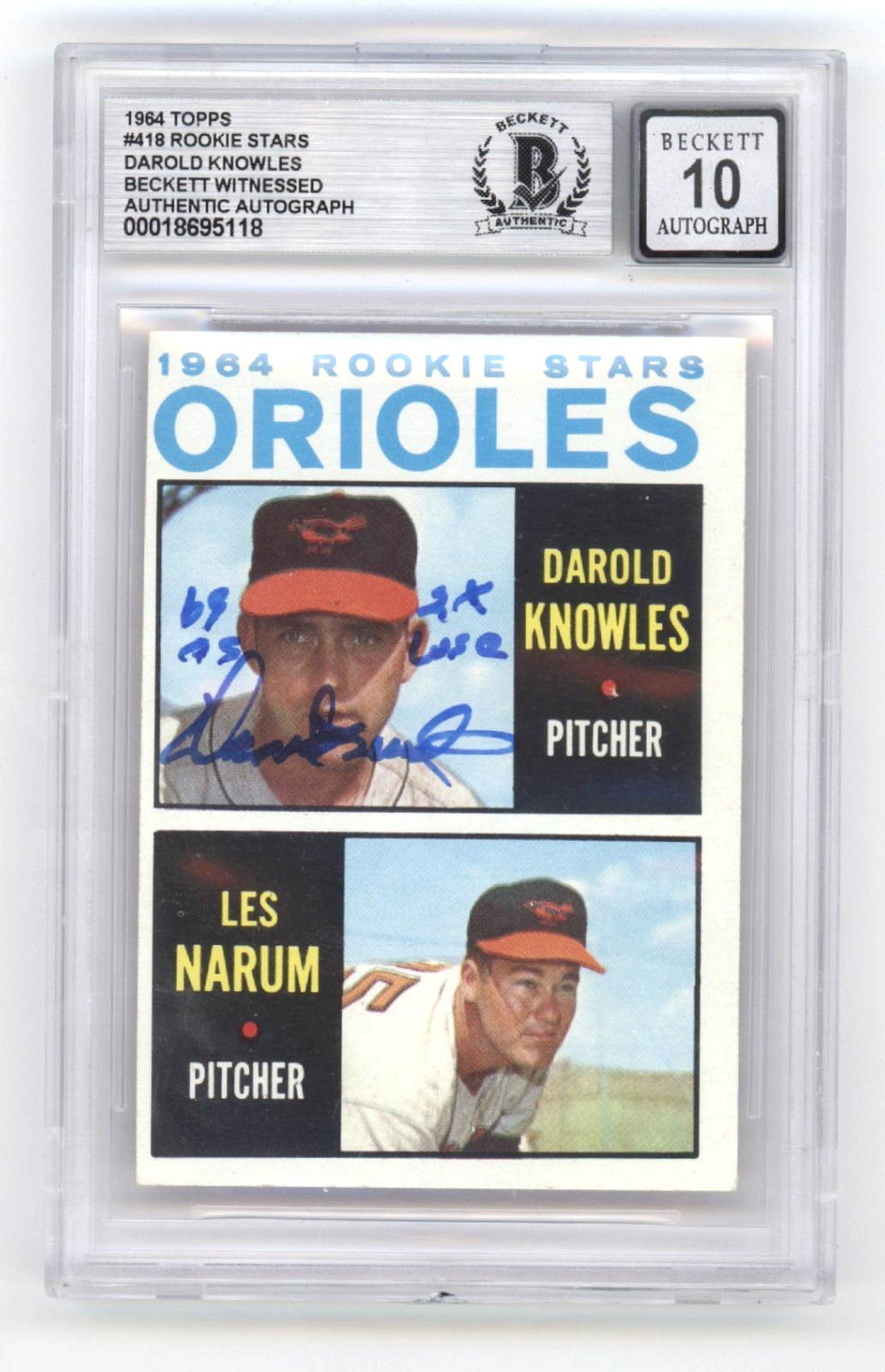 Darold Knowles 1964 Topps #418 Signed Rookie RC w/ 2 Insc. Beckett BGS 10 Auto-Powers Sports Memorabilia