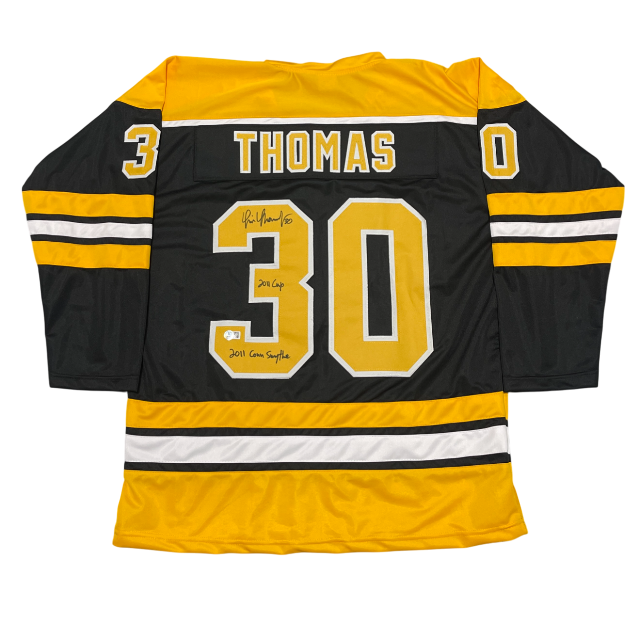 Tim Thomas Signed Custom Jersey w 2011 Cup & Con Smythe Beckett W Beckett Authenticated-Powers Sports Memorabilia