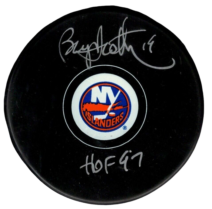 Bryan Trottier Signed Islanders Puck w/ HOF 97 Beckett Witness Authenticated-Powers Sports Memorabilia