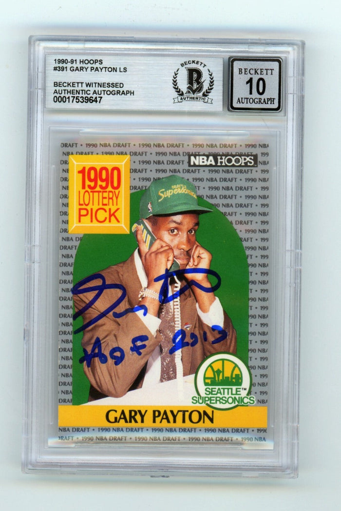 Gary Payton 1990-91 Hoops #391 Rookie RC Signed w/ HOF 2013 Beckett BGS 10 Auto-Powers Sports Memorabilia