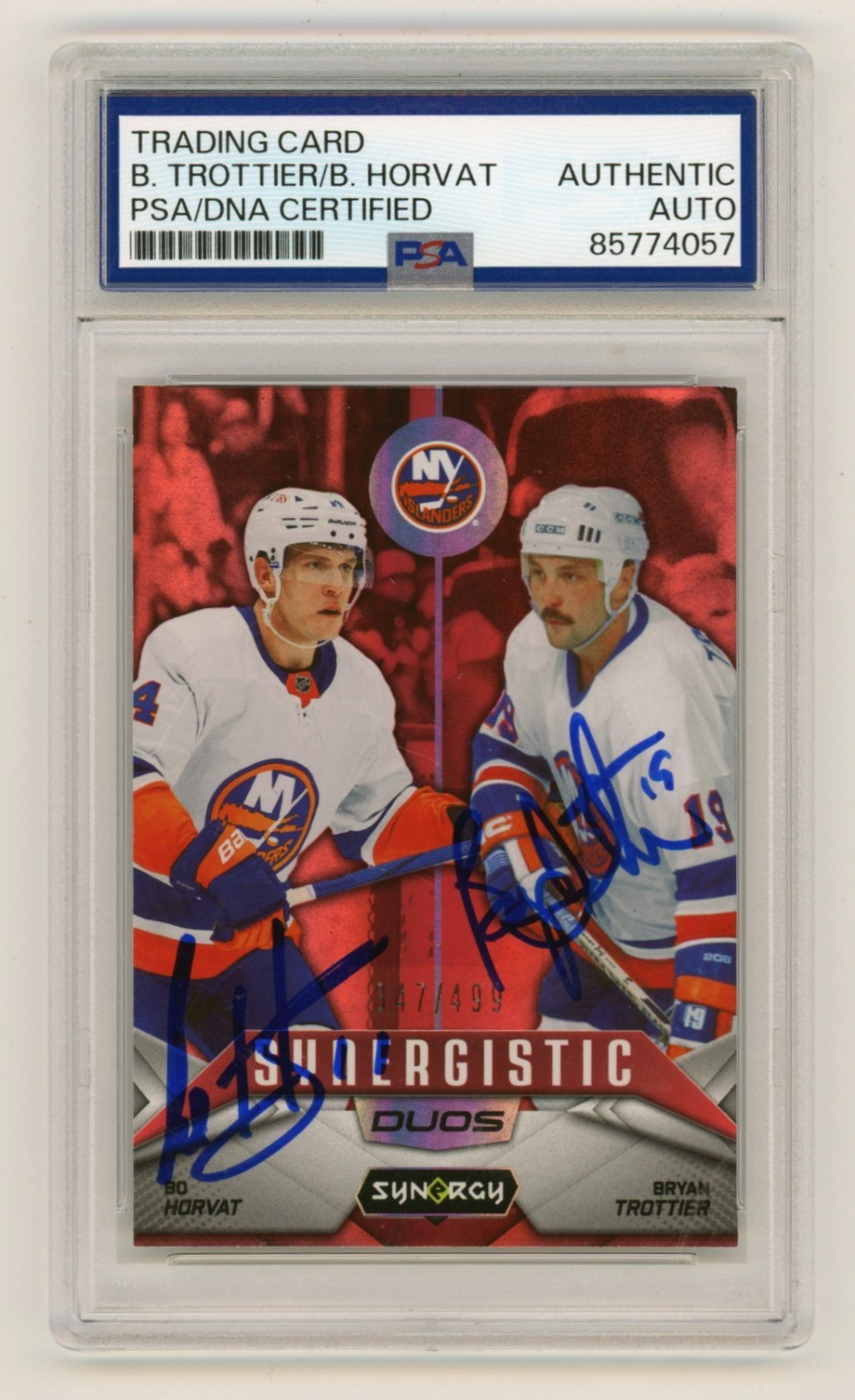 Bo Horvat & Bryan Trottier 2024-25 UD Synergy Red #/499 Dual Signed PSA Auto-Powers Sports Memorabilia