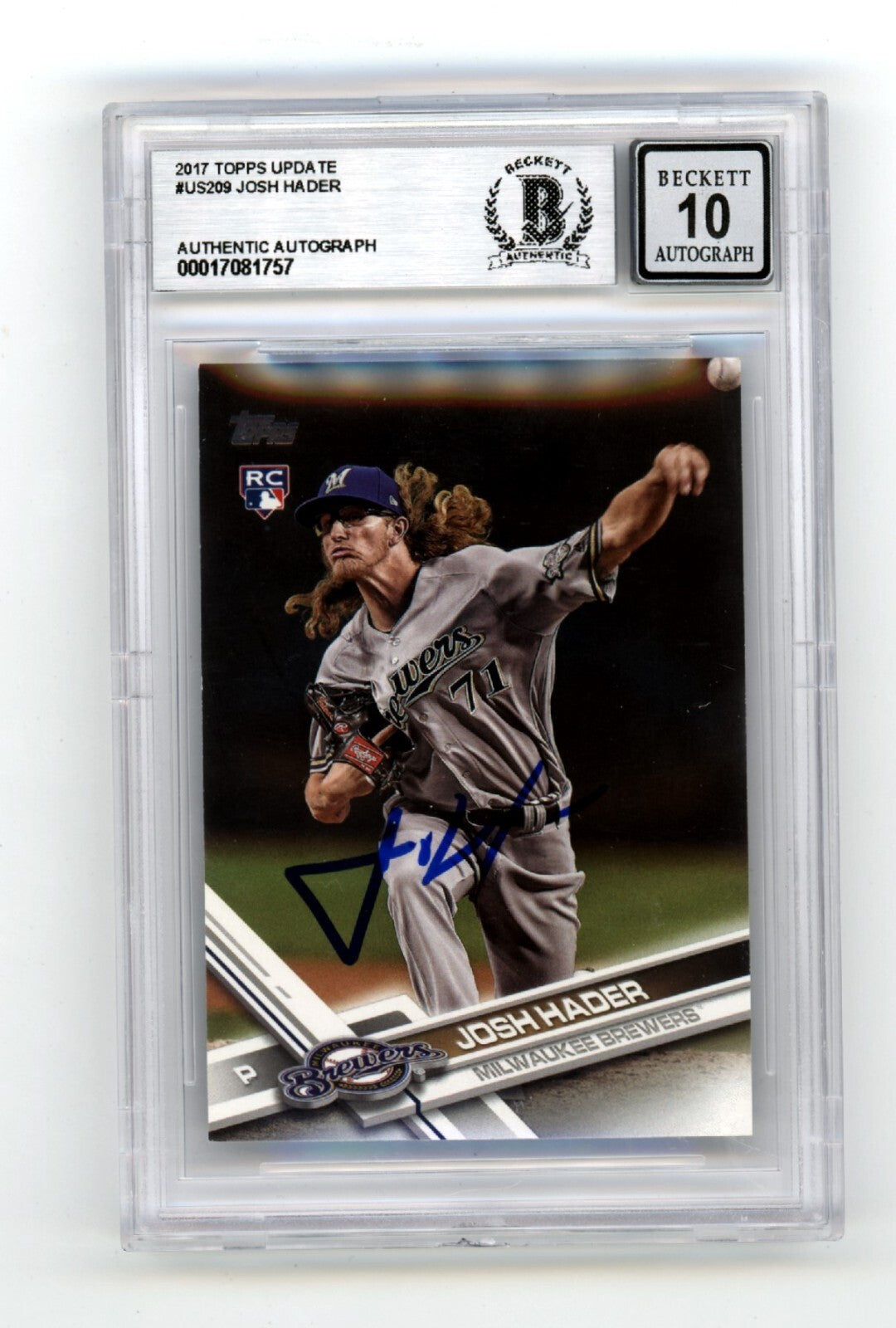 Josh Hader 2017 Topps Update #US208 Rookie RC Signed Beckett BAS BGS 10 Auto-Powers Sports Memorabilia