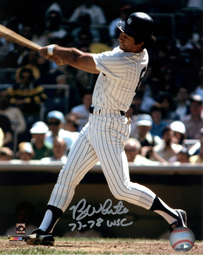 Roy White Signed New York Yankees 8x10 Photo File w/ 77-78 WSC LSCM Authenticated #4-Powers Sports Memorabilia