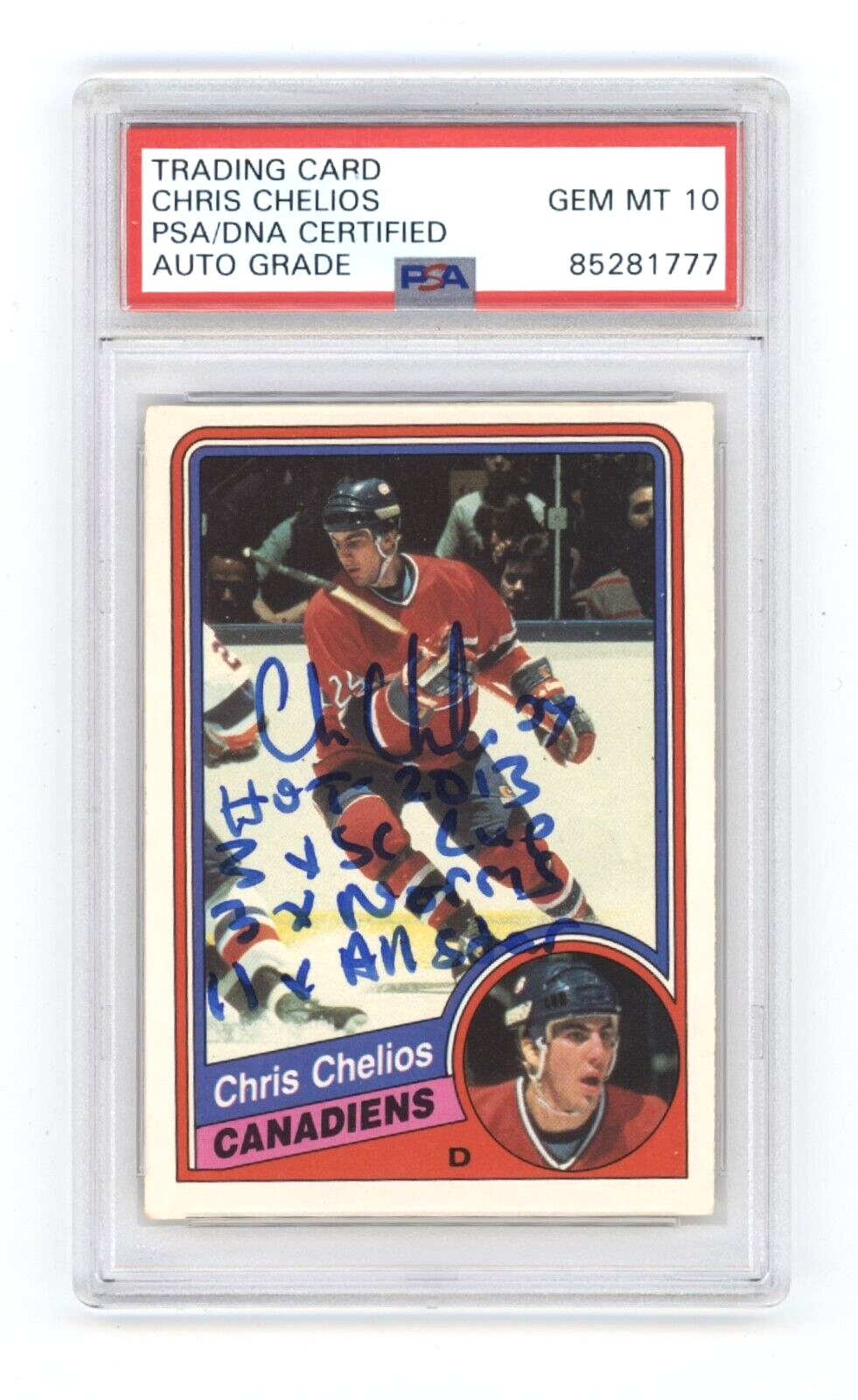 Chris Chelios 1984-85 O-Pee-Chee OPC Rookie Card RC w/ 4 Insc Signed PSA 10 Auto-Powers Sports Memorabilia
