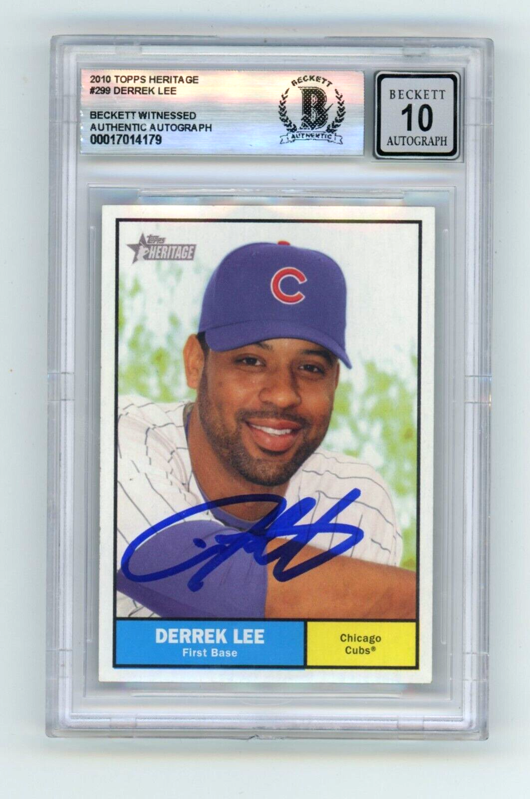 Derrek Lee 2010 Topps Heritage #299 Signed Beckett Wit BAS BGS 10 Auto Cubs-Powers Sports Memorabilia