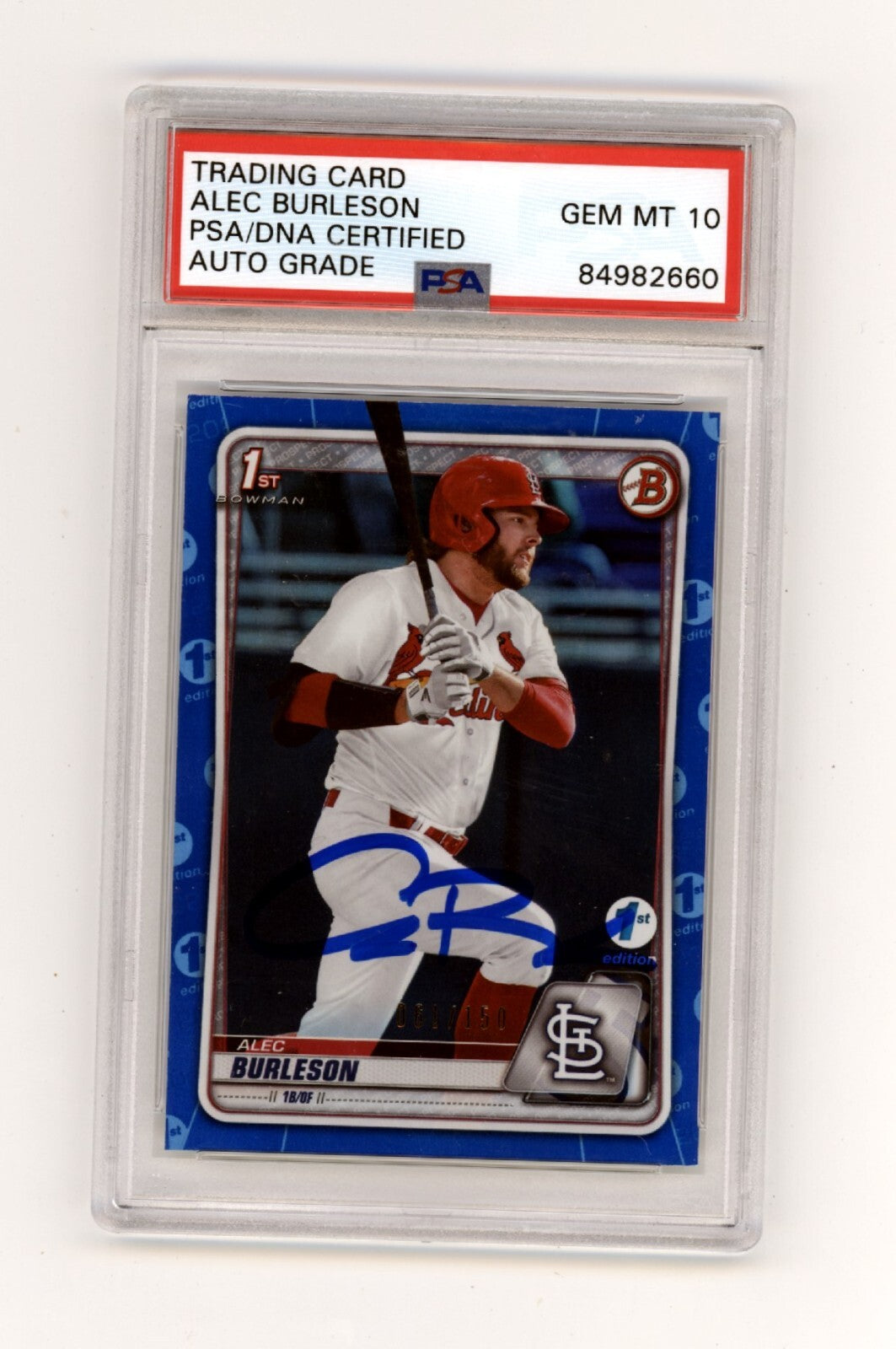 Alec Burleson 2020 Bowman Draft 1st Edition Blue Foil #61/150 RC PSA 10 Auto-Powers Sports Memorabilia