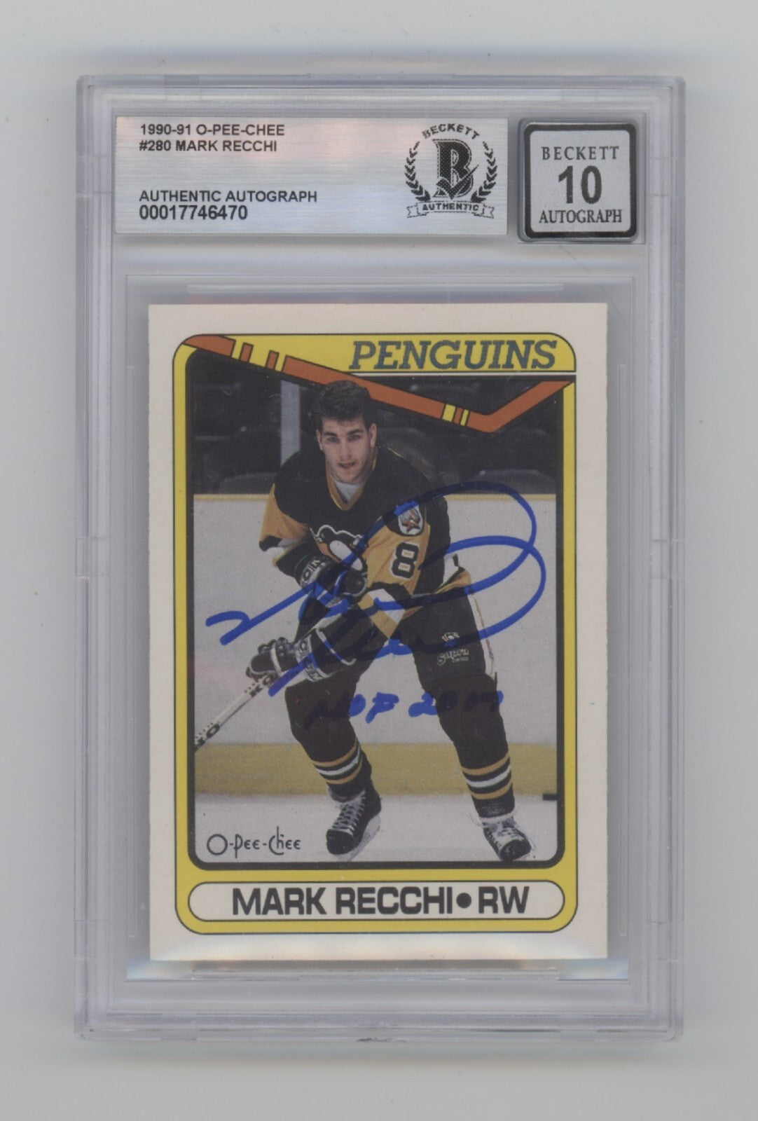 Mark Recchi 1990-91 O-Pee-Chee OPC #280 RC Signed w/ HOF Ins Beckett BGS 10 Auto-Powers Sports Memorabilia