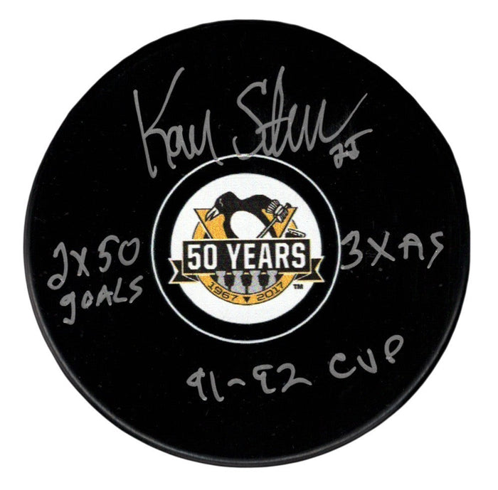 Kevin Stevens Signed Penguins 50th Anniversary Puck w/ 3x Insc JSA Witness Authenticated-Powers Sports Memorabilia