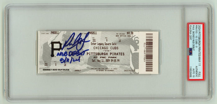 Paul Skenes Signed MLB Debut Ticket 5/11/2024 w/ Inscription PSA 10 Auto Pirates-Powers Sports Memorabilia