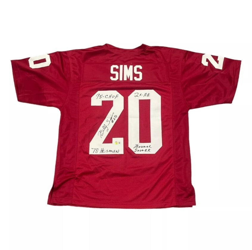 Billy Sims Signed Oklahoma Custom Jersey w/ Heisman + 3 Ins Beckett W Beckett Authenticated-Powers Sports Memorabilia