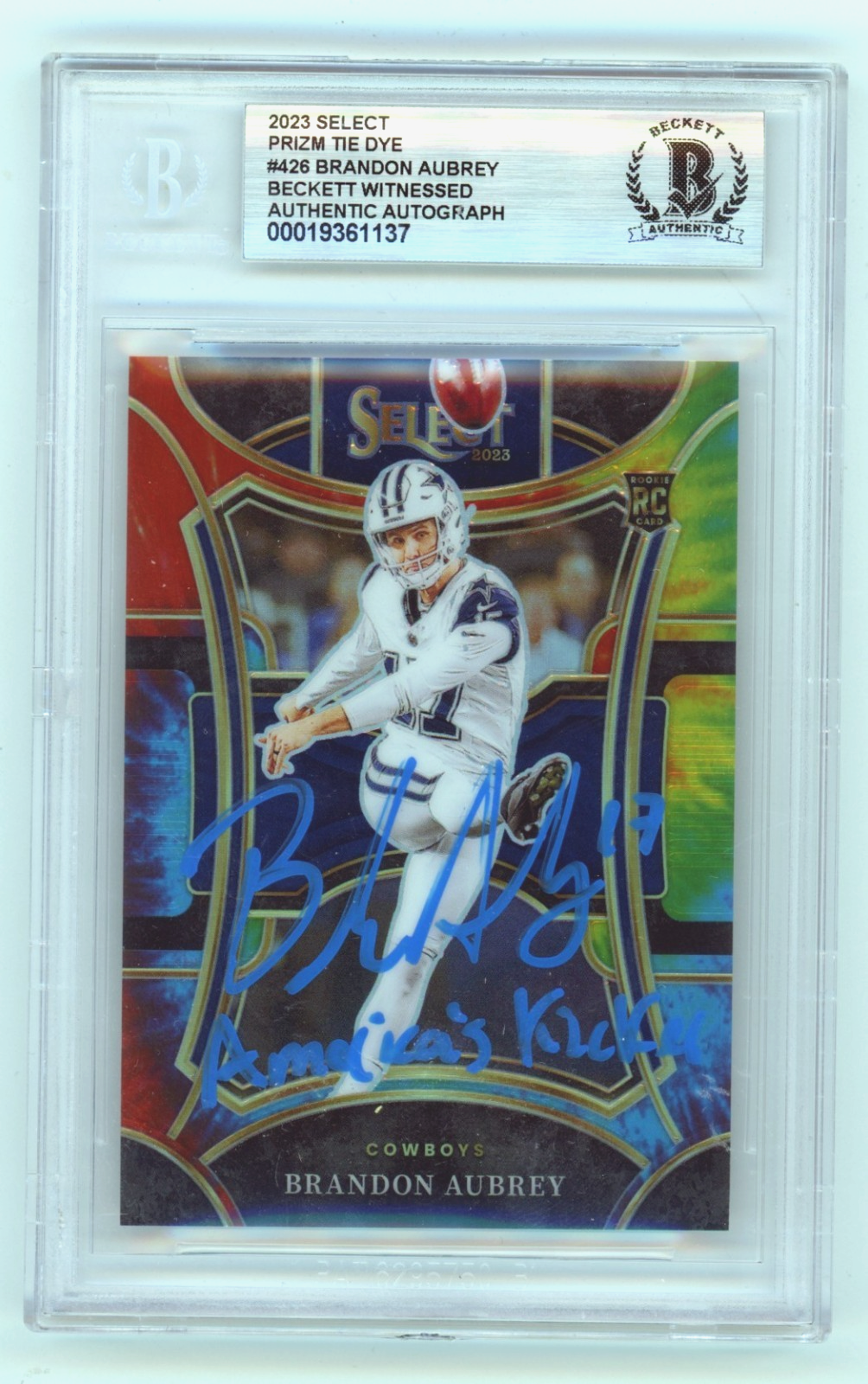 Brandon Aubrey 2023 Panini Select Tie-Dye Prizm Signed w/ Insc. RC #/25 BGS Auto-Powers Sports Memorabilia