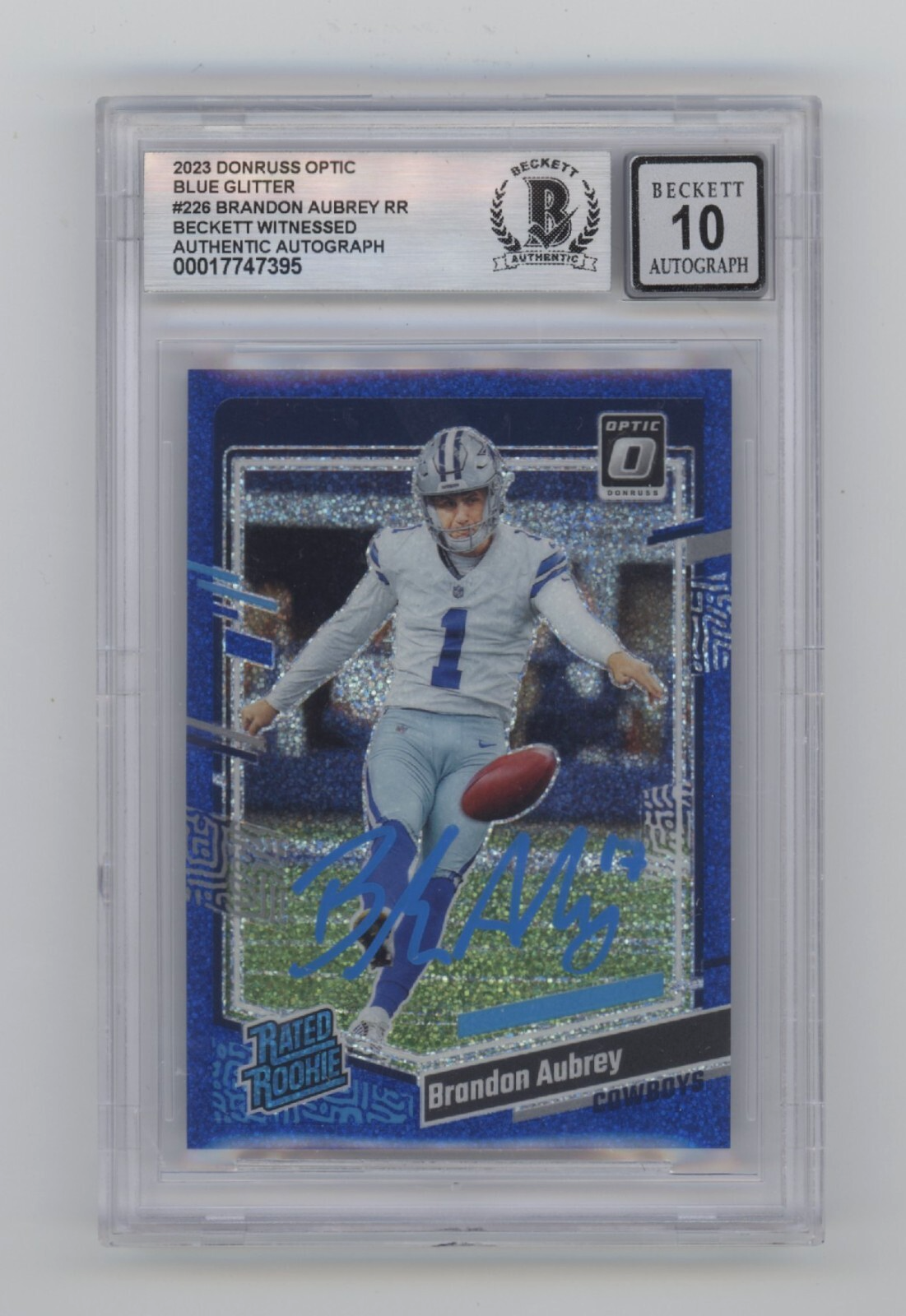 Brandon Aubrey 2023 Donruss Optic Blue Glitter 226 RC Signed Beckett BGS 10 Auto-Powers Sports Memorabilia