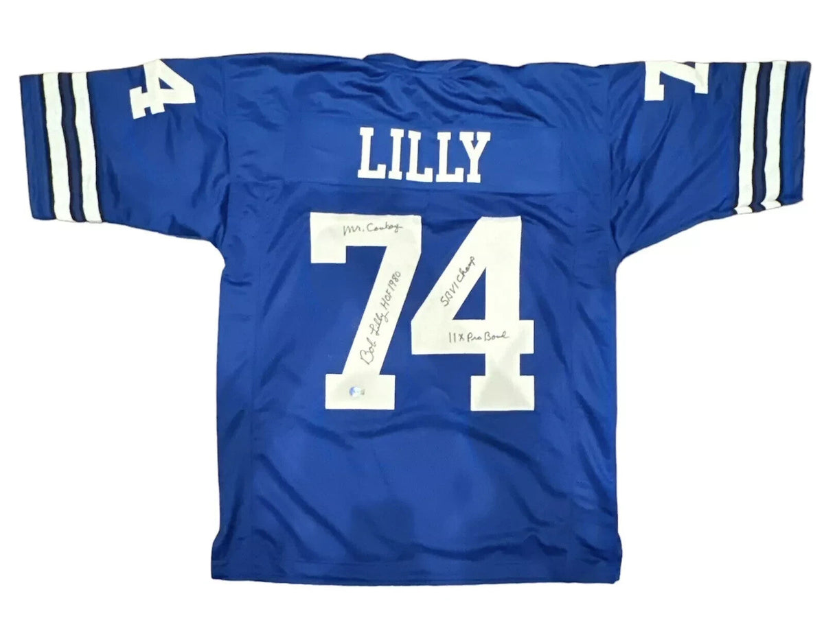 Bob Lilly Signed Blue Custom Jersey w/ 4 Ins Beckett Witness Authenticated-Powers Sports Memorabilia