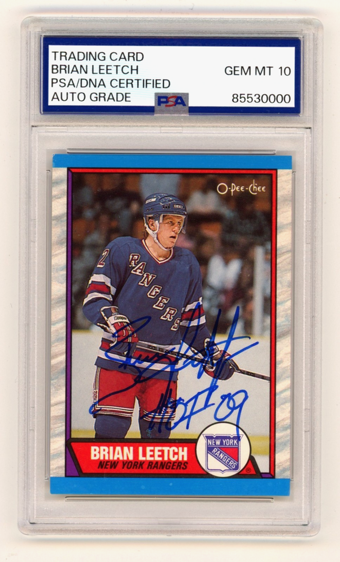 Brian Leetch 1989-90 O-Pee-Chee OPC #136 Signed Rookie RC w/ HOF 09 PSA 10 Auto-Powers Sports Memorabilia