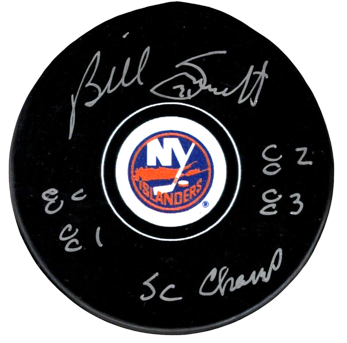 Billy Smith Signed Islanders Puck w/ 80 81 82 83 SC Champ Beckett Witness Authenticated-Powers Sports Memorabilia