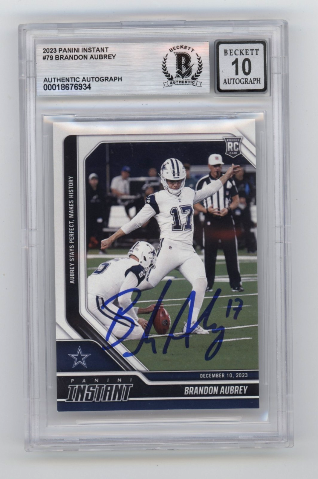 Brandon Aubrey 2023 Panini Instant #79 /612 Rookie RC Signed BGS 10 Auto Cowboys-Powers Sports Memorabilia