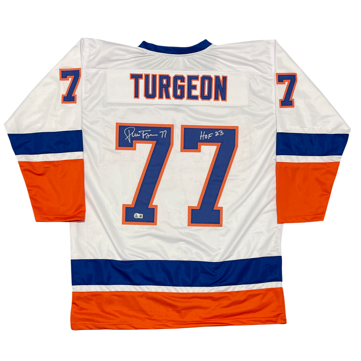 Pierre Turgeon Signed Islanders Custom Jersey w/ HOF 23 Beckett Witness BAS COA-Powers Sports Memorabilia