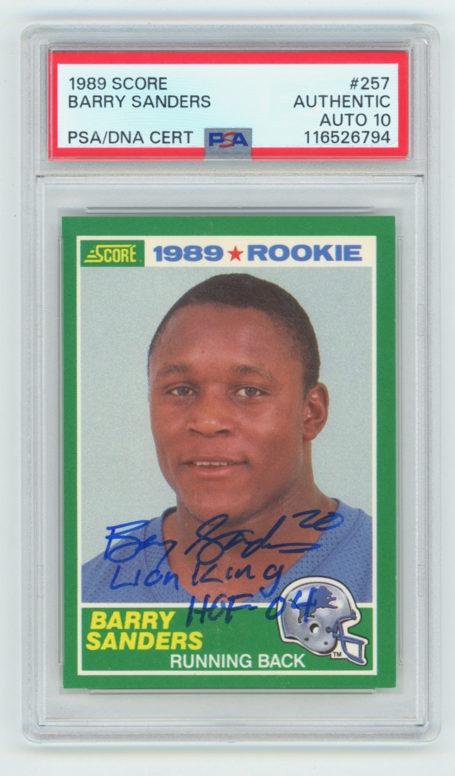 Barry Sanders 1989 Score 257 Rookie RC Signed PSA 10 Auto The Lion King HOF Insc-Powers Sports Memorabilia