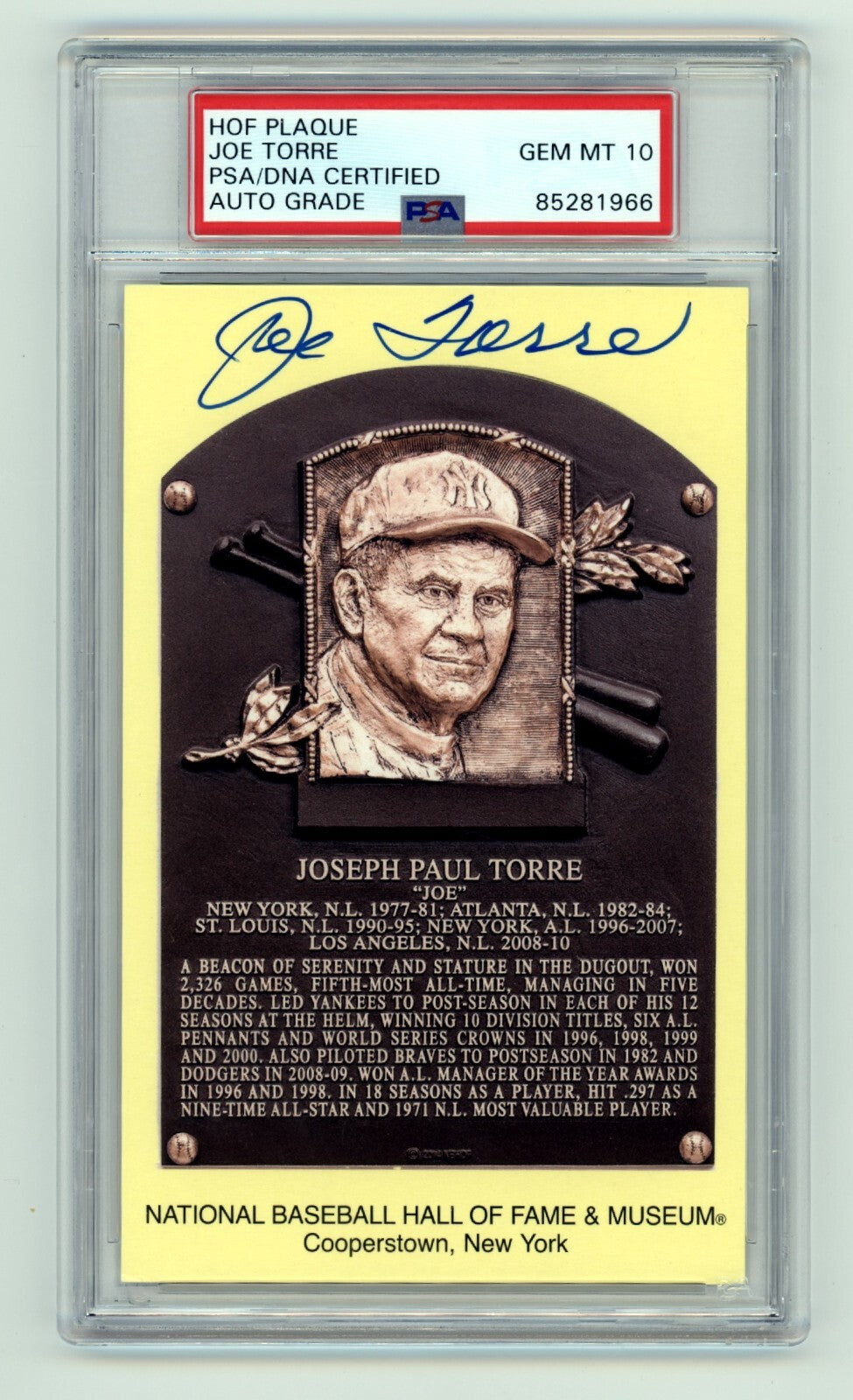Joe Torre Signed Yellow HOF Plaque Post Card w/ Induction Day Stamp PSA 10 Auto-Powers Sports Memorabilia