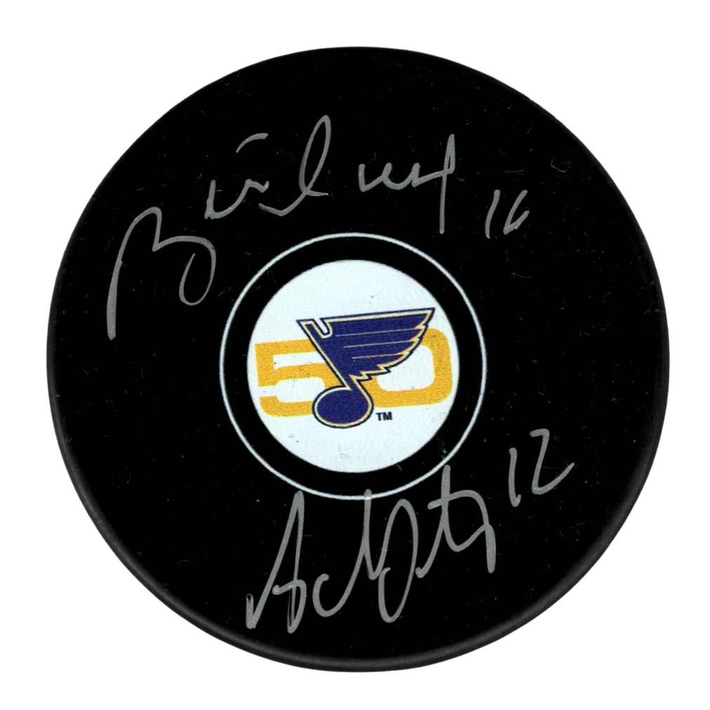 Brett Hull & Adam Oates Signed Auto Blues 50th Anniversary Puck Beckett BAS COA-Powers Sports Memorabilia