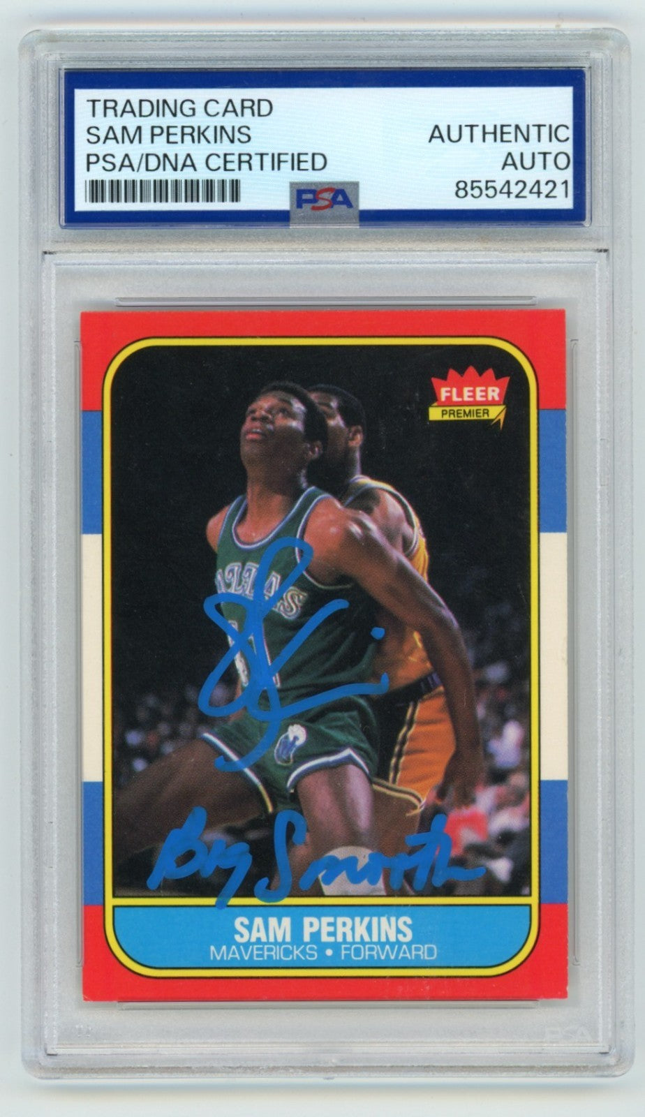 Sam Perkins 1986-87 Fleer #86 Rookie RC Signed w/ Big Smooth Insc. PSA Auto-Powers Sports Memorabilia